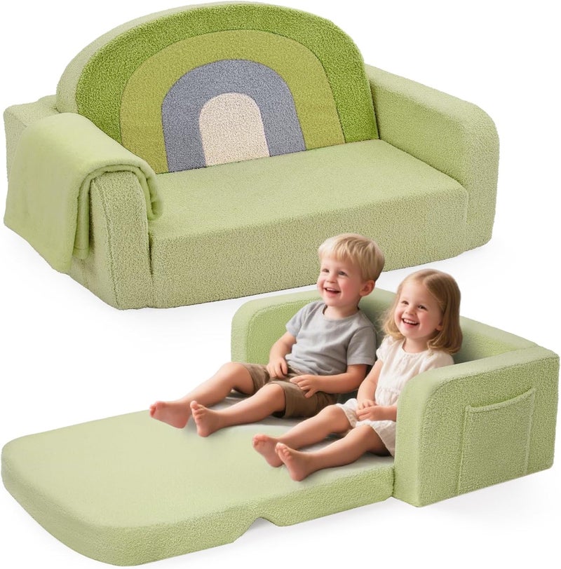 Foryoomi Extra Wide Kids Couch, 2-in-1 Soft Toddler Couch with Blanket, Comfy Toddler Chair, Convertible Sofa with Cute Colorful Rainbow Design, Green - Image 1